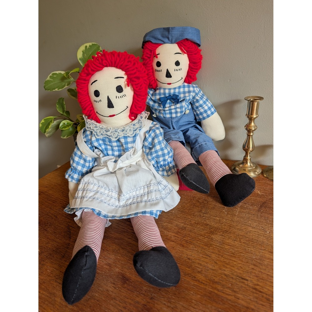 Vintage Handmade Raggedy Ann and Andy Cloth Dolls Red Yarn Hair 20 Inch Pair